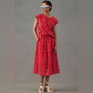 NWT$335 Anthropologie Marimekko Nilan Retukka red eyelet skirt, size small.